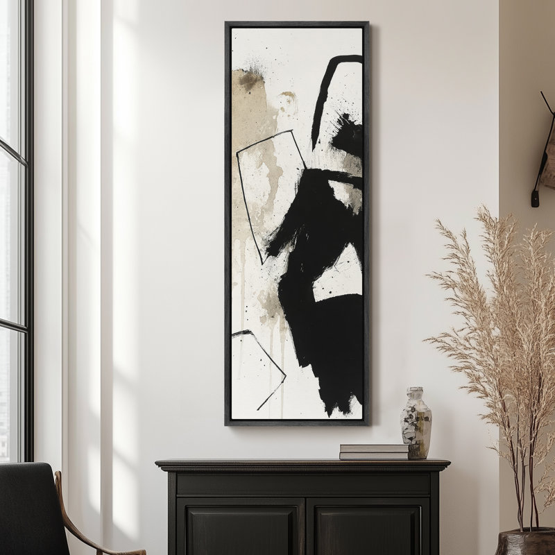 Abstract Framed Canvas Wall Art - Neutral Minimalist Print for Modern Wall Decor, 60" H x 20" W, Black
