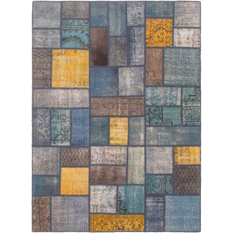Tapis unique en laine noué à la main bleu et gris 5 pi 9 po x 7 pi 10 po années 1980 Qusay