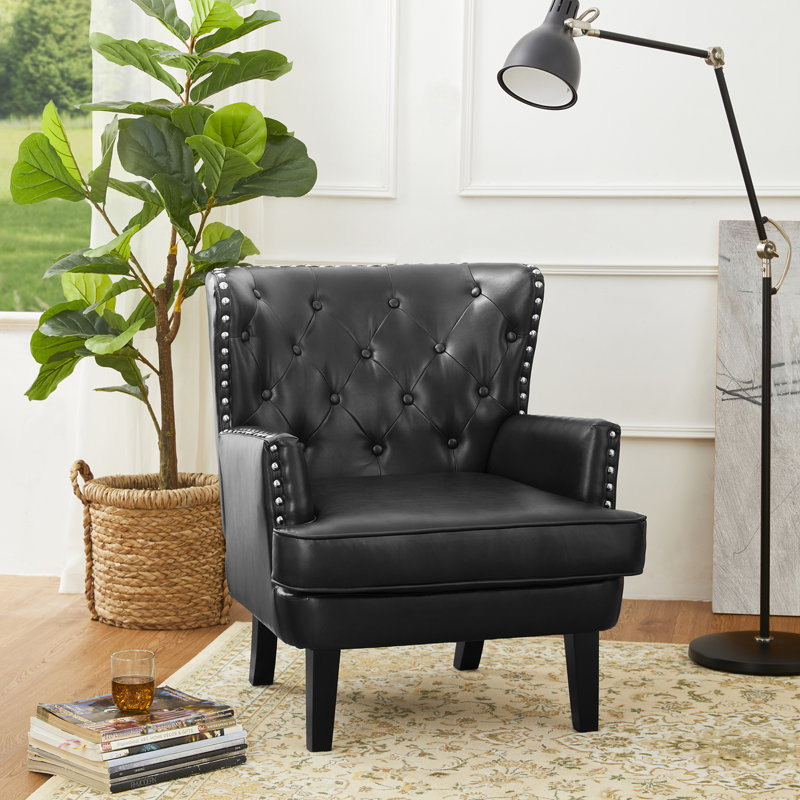 Fauteuil club à oreilles Vegan, Similicuir noir