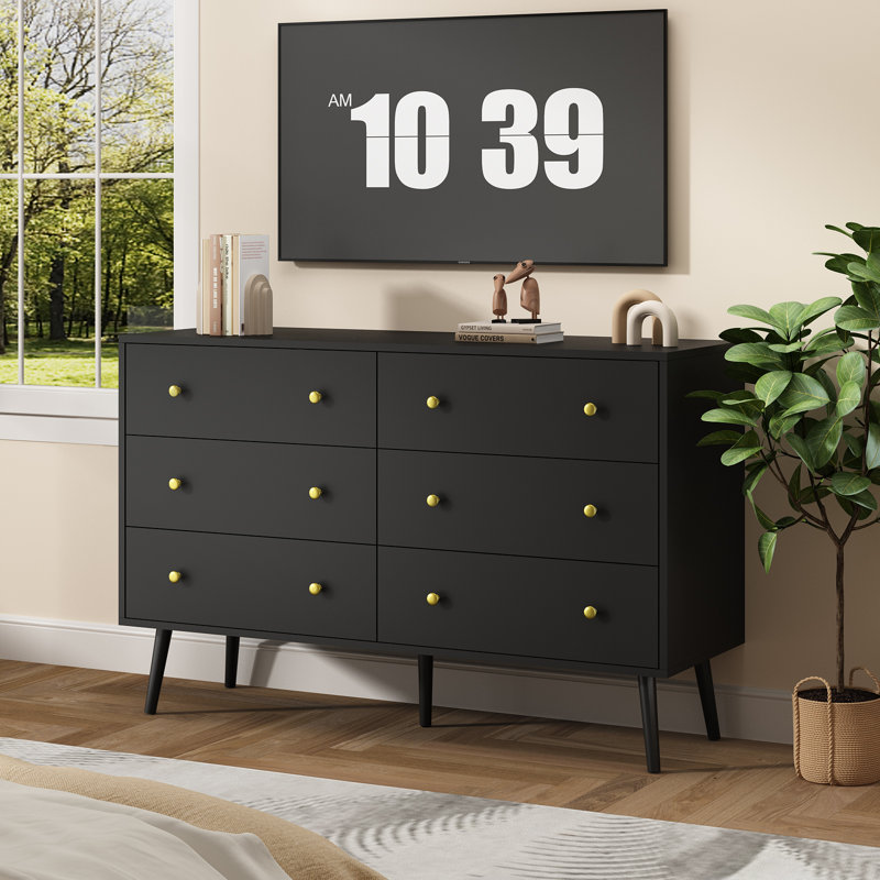 Commode pour chambre Dantee, commode 6 tiroirs avec poignées dorées, commodes modernes et commodes, Noir