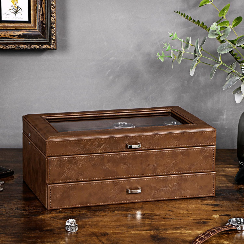 Boîte à montre pour homme, boîtier de montre à 12 fentes, boîtier de montre à 2 couches avec tiroir, boîte à bijoux pour homme avec grand couvercle en verre