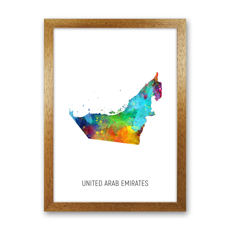 United Arab Emirates Watercolour Map by Michael Tompsett - Print, 88cm H x 64cm W x 3cm D, Brown Framed