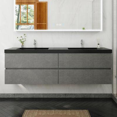 72 in. Double Sink Floating Grey Bath Vanity with Black Quartz Sand Top, 4 Soft Drawers