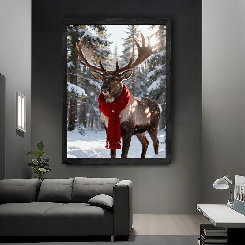 Reproduction d'art encadrée noire de rennes de Noël, H 37 po x l 25 po