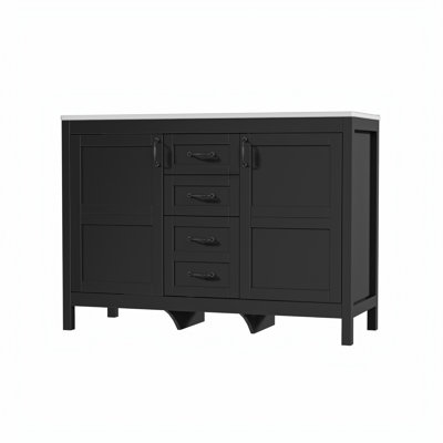 Meuble-lavabo 48 po avec lavabo en céramique avec poignées noires, 2 portes et 3 tiroirs