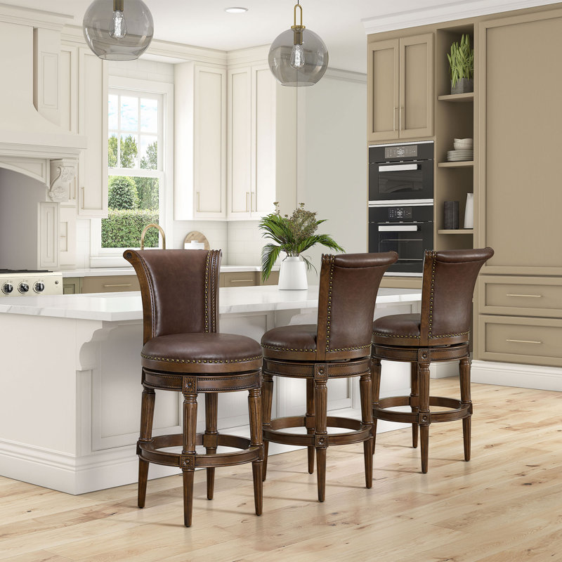 ROME + OAK Runyan Bar Stool, Dark Walnut & Vintage Brown Vegan Leather, Bar Stool (31" Seat Height)