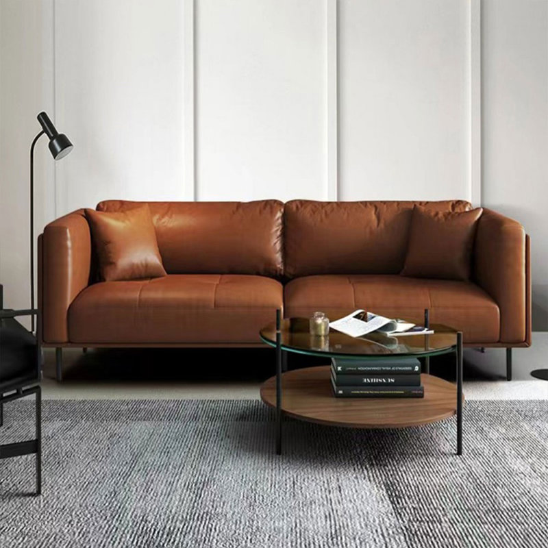 Causeuse-coussin modulaire en cuir véritable brun, Brun, 30.31" H x 84.65" W x 35.43" D