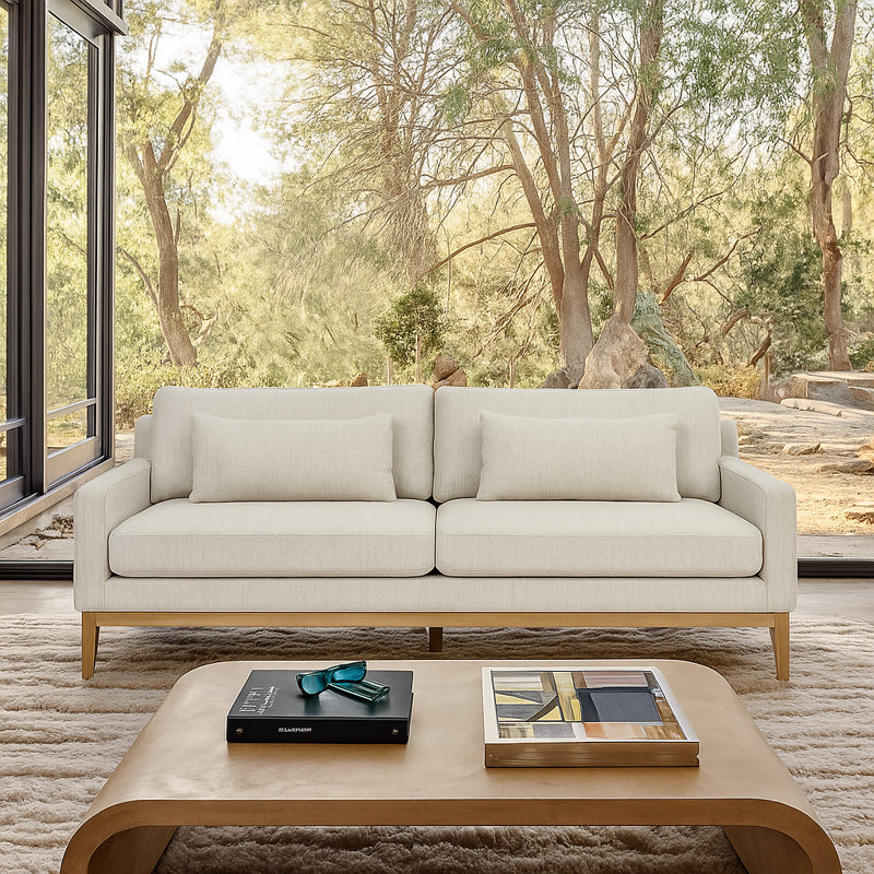 Mid Century Modern Luxury Sofa with Pillow Accents for Home Decor – Comfortable Upholstered Couch or Loveseat for Living Room Decor – 90",  Ivory