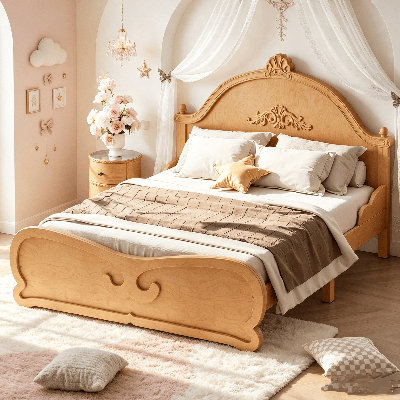 Lit plateforme en bois sculpté rétro, lit plateforme avec tête de lit et support à lattes, cadre de lit en bois massif, lit plateforme à profil bas, lit en bois pour chambre d'amis dans une ferme, aucun sommier nécessaire