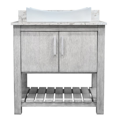Meuble-lavabo de 30 po avec comptoir en quartz moka, lavabo en porcelaine, quincaillerie en nickel brossé