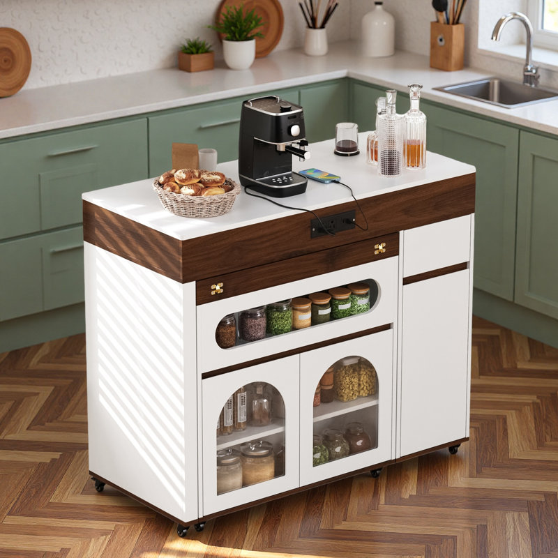 Rolling Kitchen Island With Extra-long Folding Top, Drawers, Cabinets, Power Outlet And Lockable Wheels, Walnut