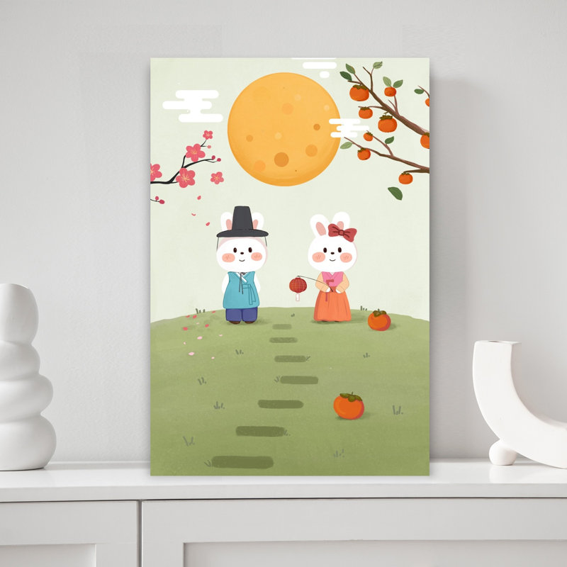 Chuseok Rabbits Full Moon Traditional Abstract Contemporary Cherry Rabbit Autumn Nature Wall Art Print by Xuan Thai - Wrapped Canvas Print