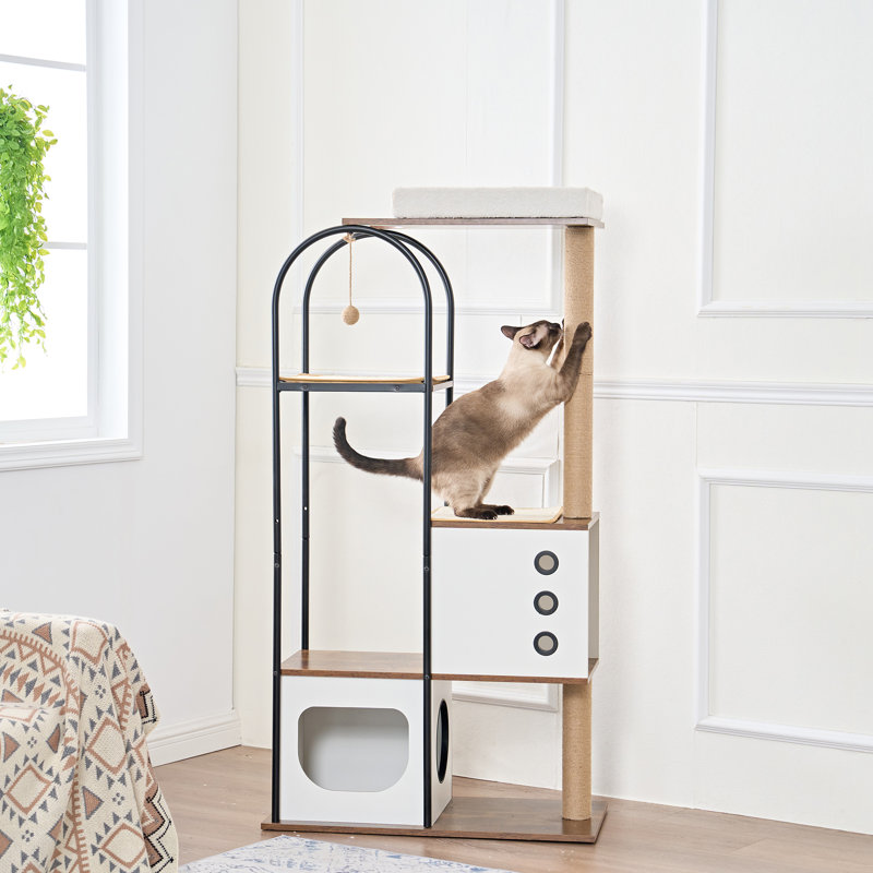 Arbre à chat moderne à plusieurs niveaux avec niche, 2 griffoirs et perchoir pour chats d'intérieur