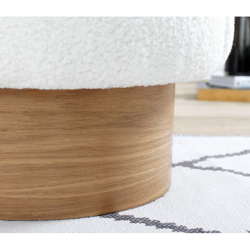 Pouf de luxe en fausse fourrure, blanc, 26,0 po de diamètre x 26,0 po de hauteur | Éponge orthopédique 35 po, épaisseur 2,4 po | Pieds en bois robustes, hauteur d'assise de 17,3 po | Parfait pour les salons élégants et les chambres confortables