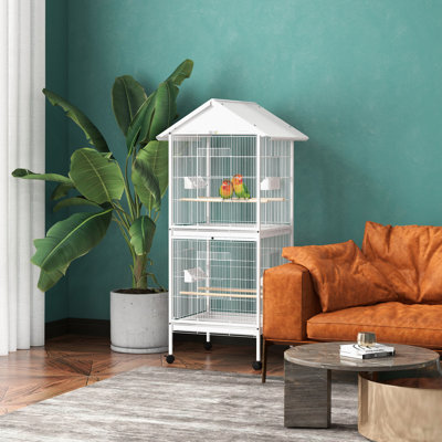 Cage à oiseaux blanche avec support, hauteur de 67 po - plateau spacieux et perchoirs pour oiseaux de taille moyenne, cage en métal forgé
