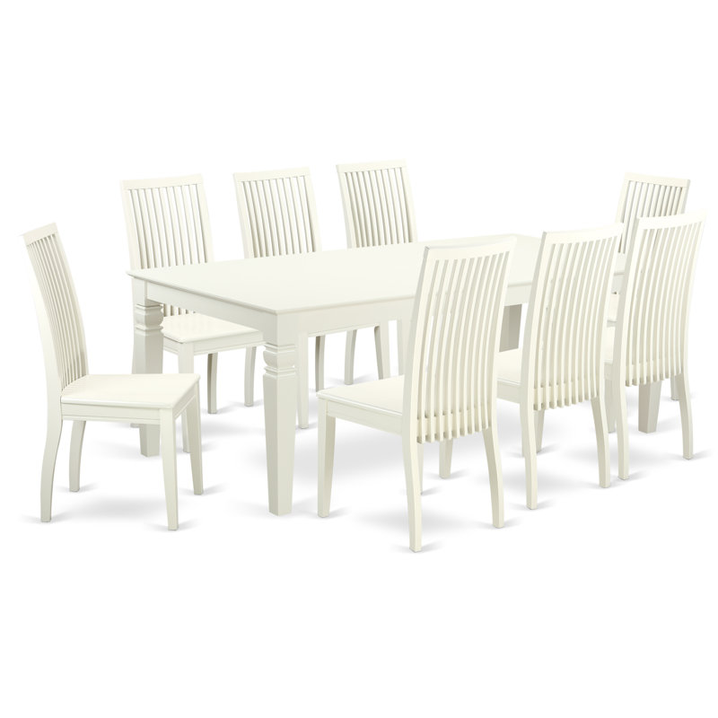 9 Piece Dining Table Set Includes a Rectangle Dining Room Table with Butterfly Leaf and 8 Wooden Seat Chairs, Linen White
