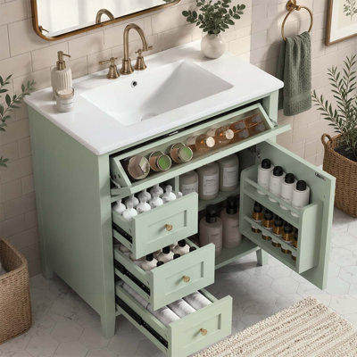 Meuble-lavabo vert 30 po avec lavabo, panneau de fibres à densité moyenne moderne et bois d'hévéa, 3 tiroirs, tablette réglable, autoportant pour le rangement et l'organisation