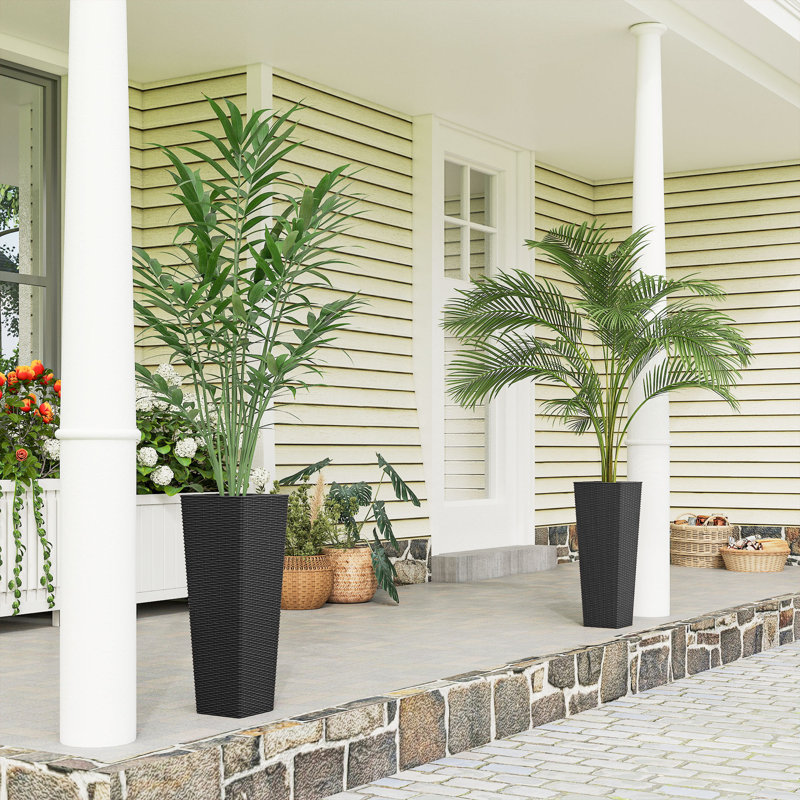 23.6 Inch Set of 2 Tall Planters for Outdoor Plants, Black, Black