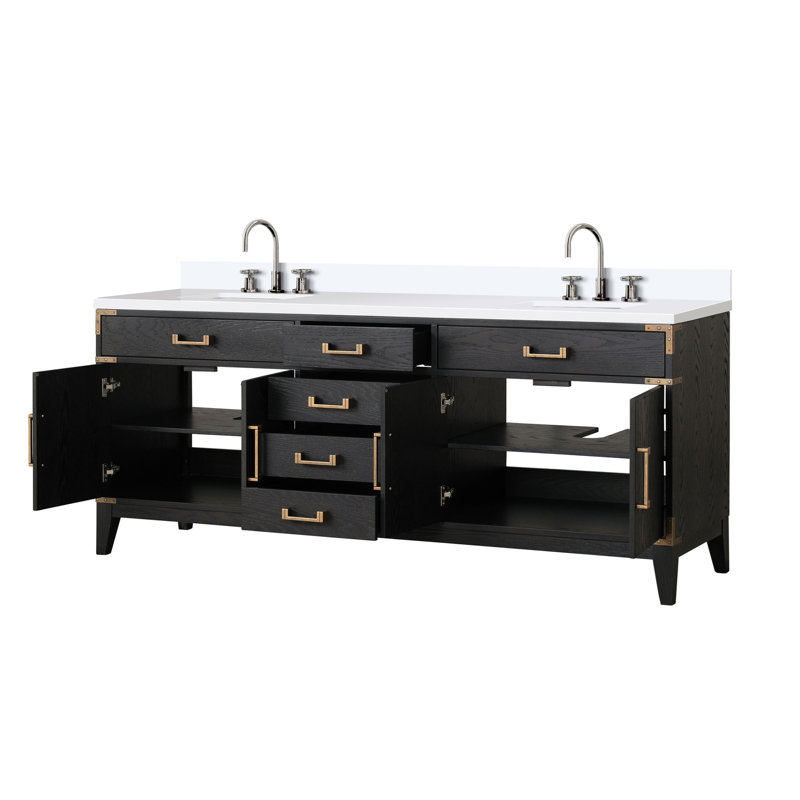 Meuble-lavabo double en chêne noir 80 po X P 22 po D, dessus en quartz blanc et ensemble de robinet, Noir