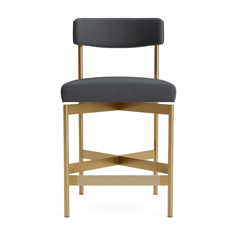 Remy Bar Stool, Performance Linen - Charcoal, Brushed Brass, Counter Stool (25” Seat Height)