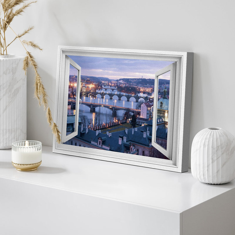 Fenêtre de paysage «Window View Sunset European Cityscape Bridge Architecture Nature Decor Decor Rustic Landscape» sur toile