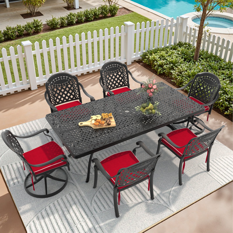 Ensemble de salle à manger de patio en aluminium coulé 6 personnes - Comprend 2 chaises pivotantes et coussins, une table rectangulaire