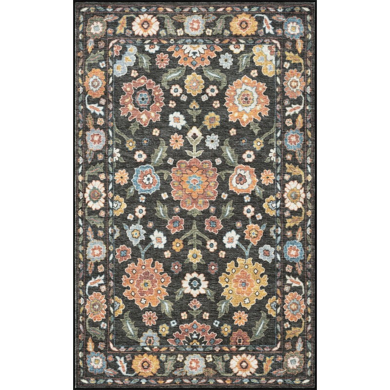 March Traditional Oriental Black Machine Washable Rectangle Area Rug, 5' x 6'11'', Black, Rectangle 5' x 6'11''