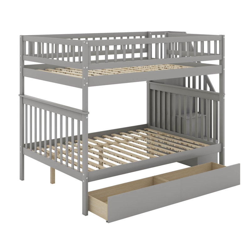 Full Over Full Bunk Bed With Drawers, Grey, Full