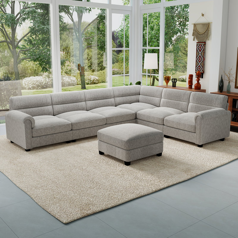 Canapé modulaire rembourré en velours côtelé 7 pièces avec repose-pieds Dona, Light Grey Corduroy