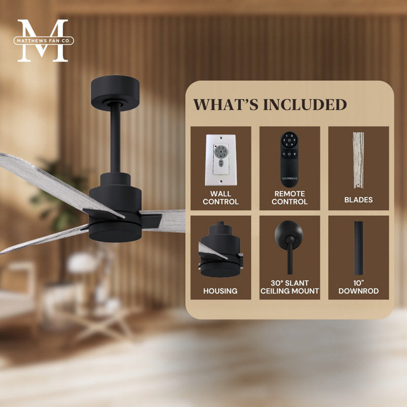 Alessandra Outdoor Downrod Ceiling Fan, Matte Black, Barn Wood Tone