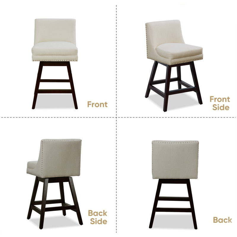26.77 Inch Swivel Counter Height Bar Stool(Set of 2) With Open Back & Oak Wood Legs, Nailhead Trim For Pub, Bistro, Kitchen, Cafe