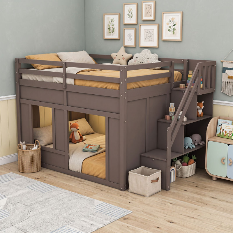 Lit superposé bas en bois avec escalier de rangement, éclairage DEL et barrières de sécurité complètes, Double sur double