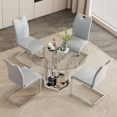 Ensemble de table de salle à manger 38,9 po pour 4 personnes, table de cuisine en verre trempé avec base en acier inoxydable argenté et 4 chaises en cuir synthétique