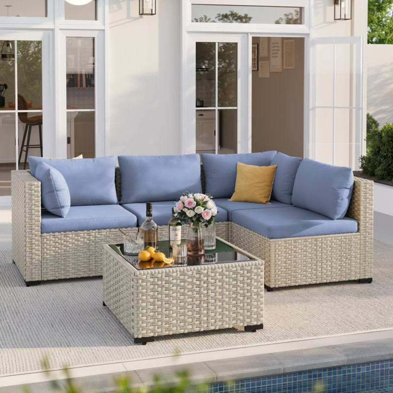 5 Piece Patio Conversation Set With Coffee Table And Cushions, Haze Blue