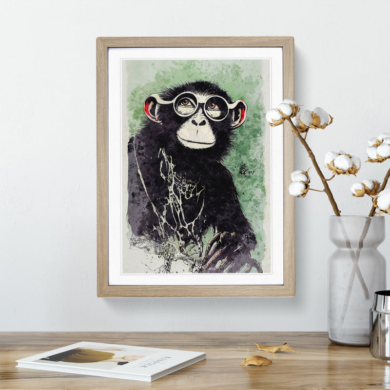 XV1022-5150X Monkey No.2 - Single Picture Frame Painting, 46cm H x 34cm W x 2cm D, Oak