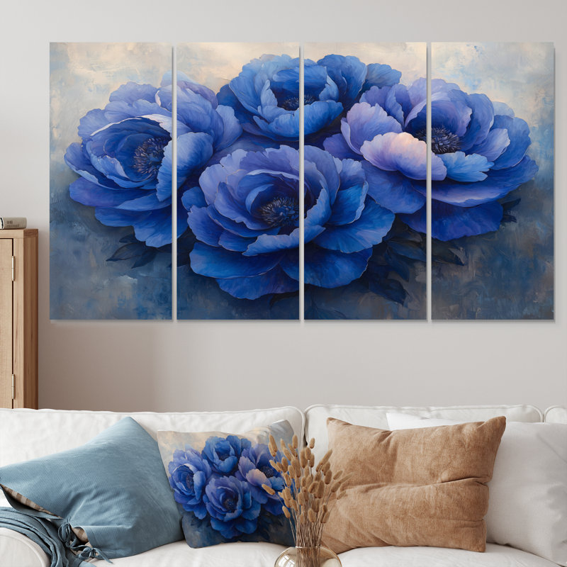 Blue Layers Of Peones II - Peonies Wall Decor - Traditional Wall Art, 28" H x 48" W, 4