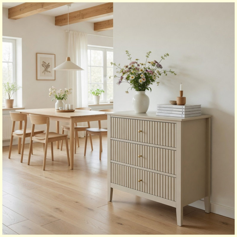 Grande table de bout moderne de 32 po à 3 tiroirs, grande table de bout moderne avec rangement, Beige