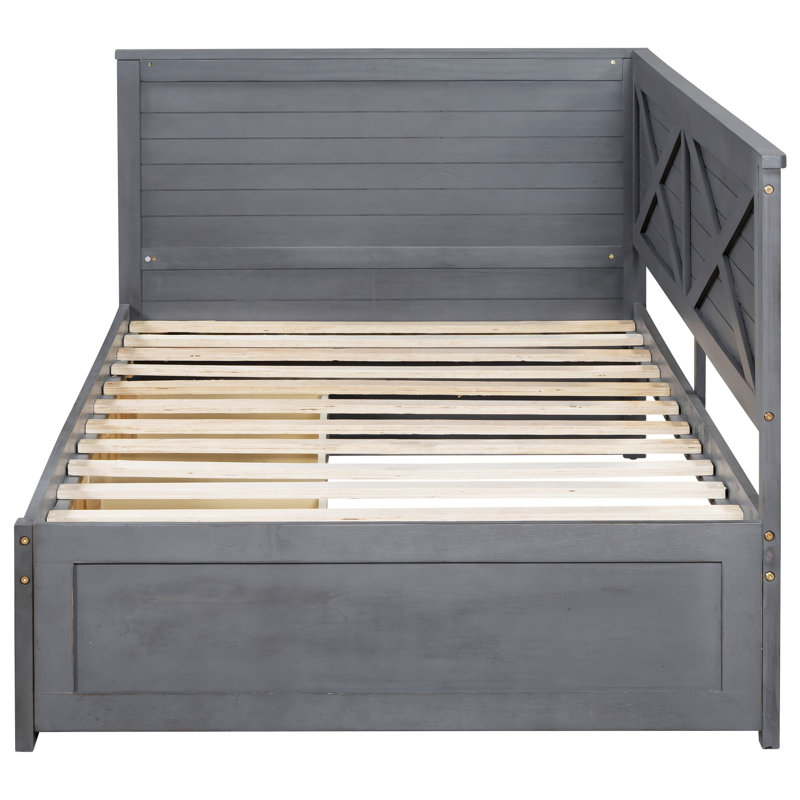 Lit de jour en bois avec 2 tiroirs et garde-corps rustique, Gris