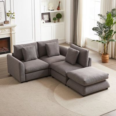 MH102 Canapé modulaire combiné de 2,2 pouces avec repose-pieds, pieds en plastique, trois coussins et trois oreillers pour salon, appartement, canapé-lit en forme de L, meubles rembourrés confortables, gris
