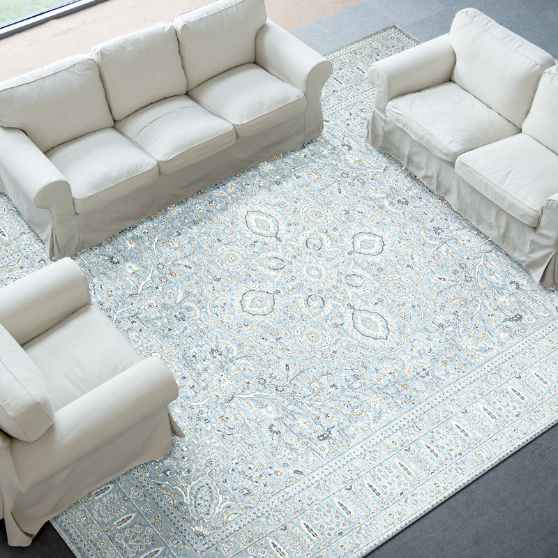 High-Quality Hand-Knotted Light Blue Area Rug, Rectangle 5' x 8'