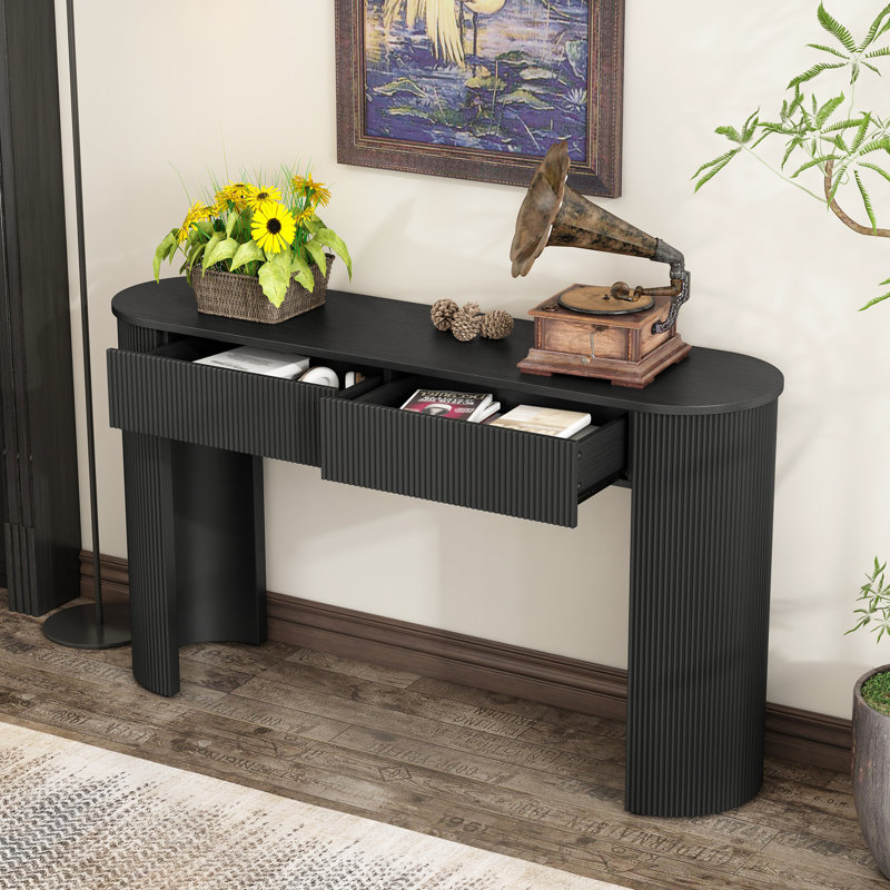 Table d'entrée noire moderne avec tiroirs cannelés et plateau ovale, 2 pour ranger les petits objets du quotidien, conception de pieds courbés stables, décor de documents, espace de vie convenable