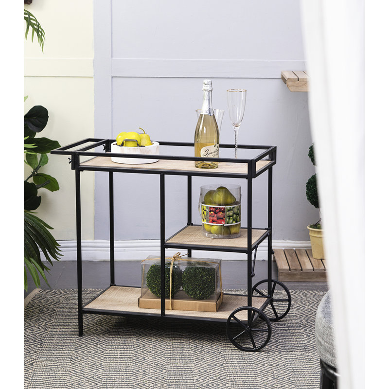 3 Chariots-bar 32,3 x 15,7 x 26,8 po avec base en métal noir et trois tablettes élégantes, cadre offrant de nombreuses options de rangement