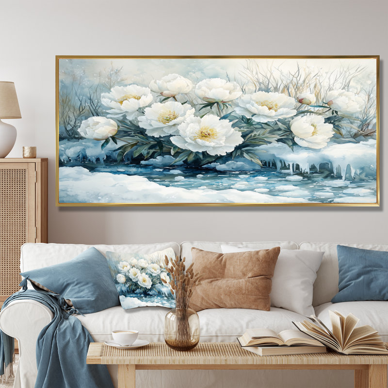 Hiver, pivoines par la glace, rivière couverte I - pivoines, art mural, H 28 po x l 60 po, Impression encadrée flottante