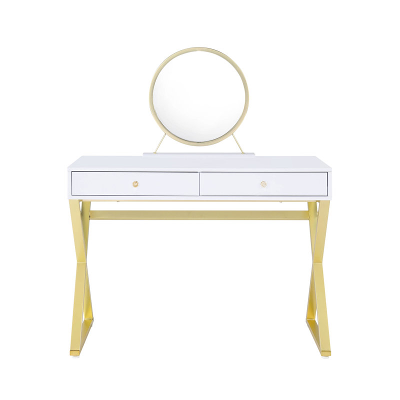 White & Gold Vanity With Rectangular Look, Crystal Handle, Metal Frame, Included Mirror Jewelry Tray, 2 Storage Drawers Finish Desk Center Glide