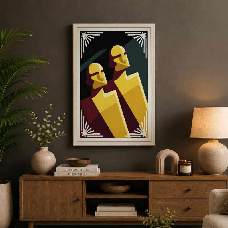 Golden Sentinels Art Deco - Wrapped Canvas, 36x24 - 91.4 x 61.0 cm, Black Border