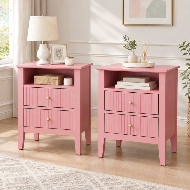 Ensemble de 2 tables de chevet modernes à cannelures, 58 cm de hauteur, avec 2 tiroirs et une tablette, rose