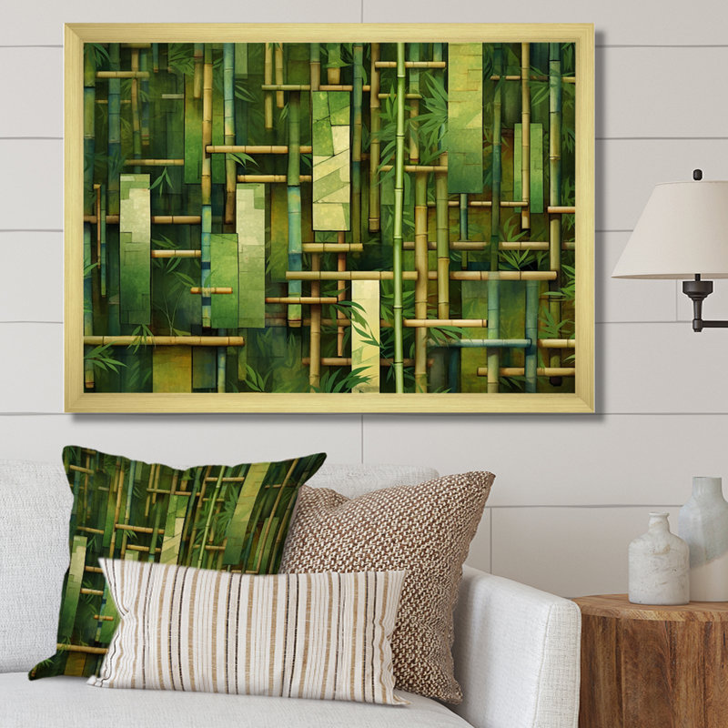 «Whispering Bamboo», motifs géométriques sur toile, H 34 po x l 44 po x P 1,5 po, Encadrement doré