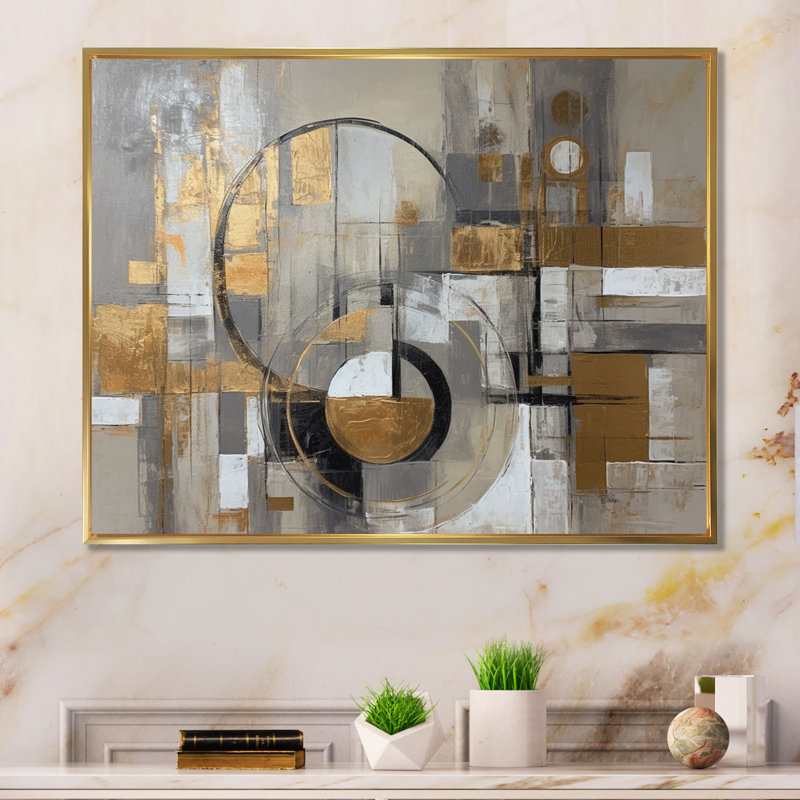 Or et gris, simplicité radicale I - art abstrait Mid-Century, Cadre flottant doré, H 30 po x l 40 po x P 1,5 po