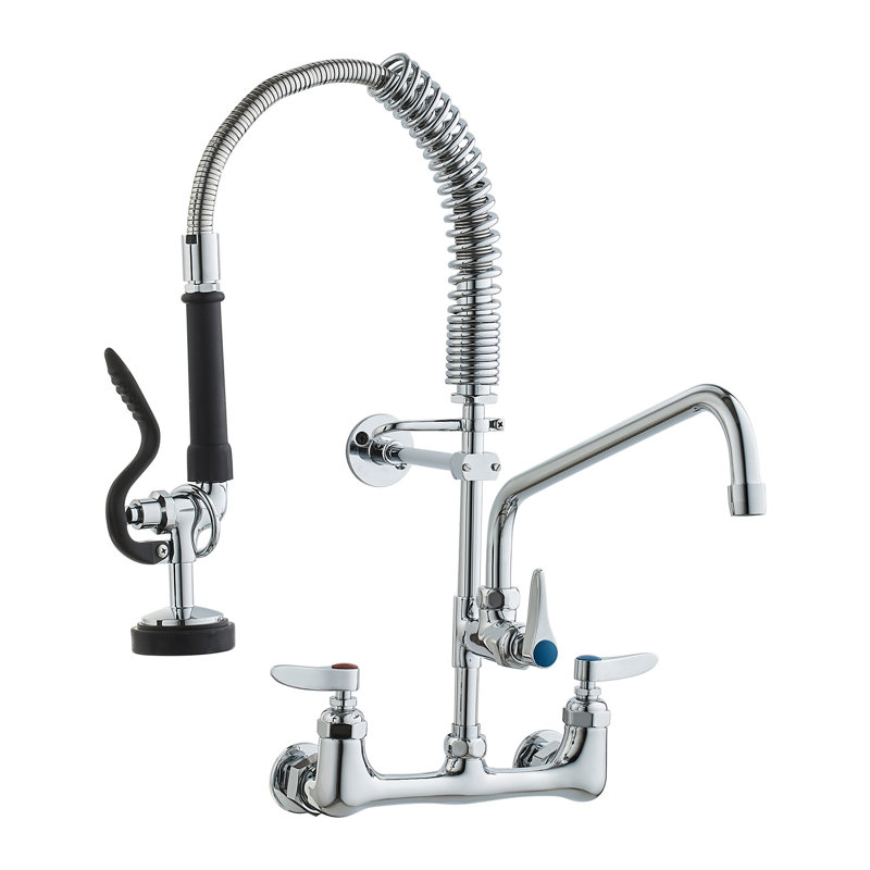 Heavy Duty Commercial Pre-Rinse Faucet with Pull Down Sprayer, Wall Mount Kitchen Sink Fixture with Swing Spout