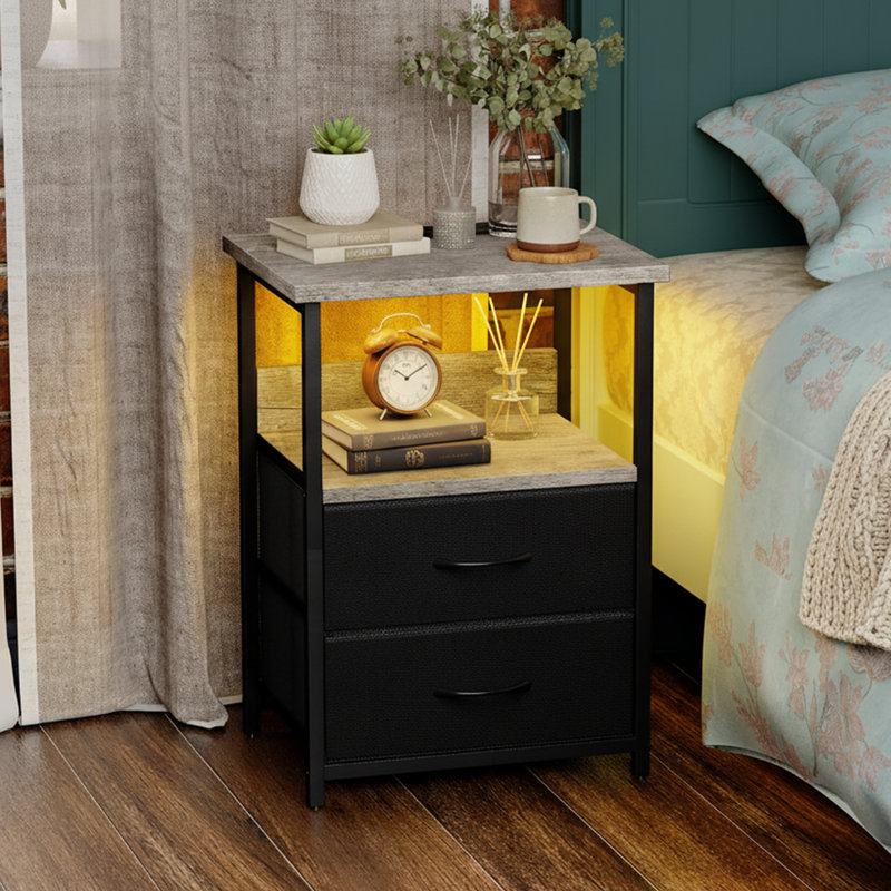  24" H Nightstand with Charging Station and LED Lights, 3-Drawer End Table with USB Ports, Gray/Black